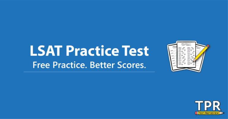 Image of an advertisement for an LSAT practice test by TPR with the text "LSAT Practice Test, Free Practice. Better Scores." and an icon of a stack of papers.