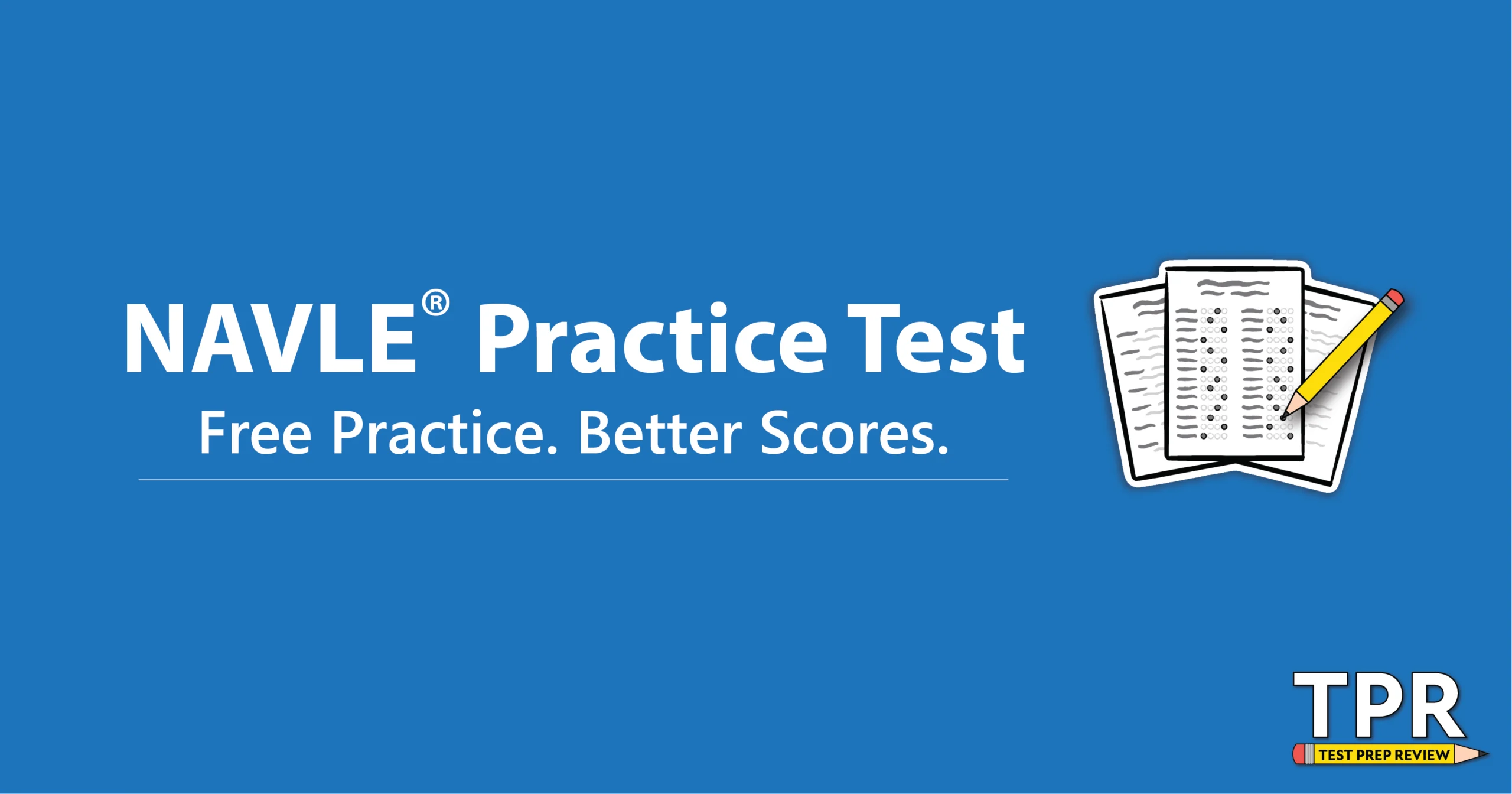 NAVLE Practice Test advertisement with the tagline "Free Practice. Better Scores." on a blue background, featuring an icon of test papers and the TPR Test Prep Review logo.