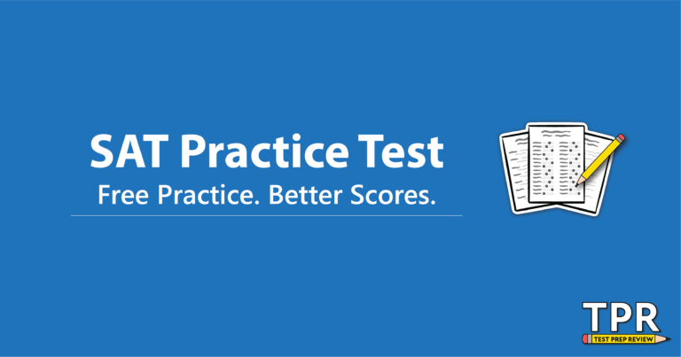 Blue banner with the text "SAT Practice Test Free Practice. Better Scores." and an illustration of test papers on the right. "TPR" and "Test Prep Review" logo at the bottom right.