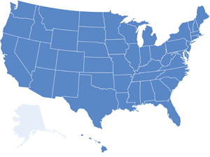 Map of USA with Alaska highlighted in light blue