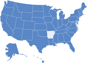 Map of USA with Arkansas highlighted in light blue