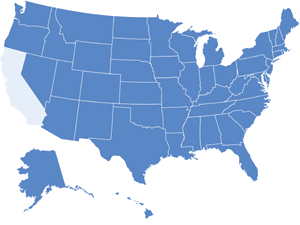 Map of USA with California highlighted in light blue