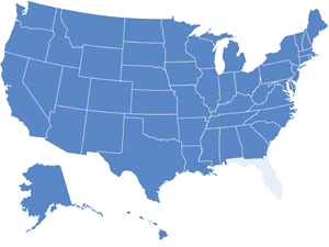 Map of USA with Florida highlighted in light blue