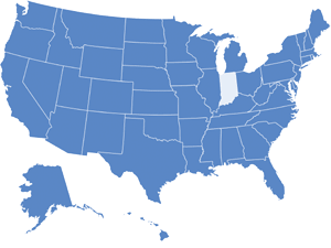 Map of USA with Indiana highlighted in light blue
