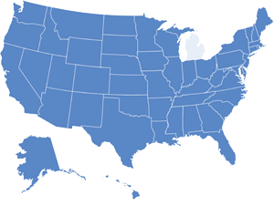 Map of USA with Michigan highlighted in light blue