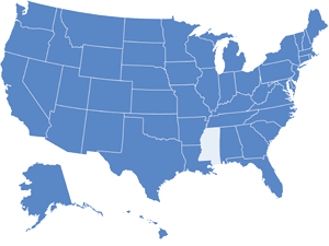 Map of USA with Mississippi highlighted in light blue