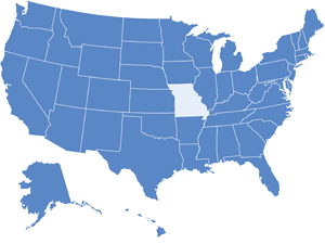 Map of USA with Missouri highlighted in light blue