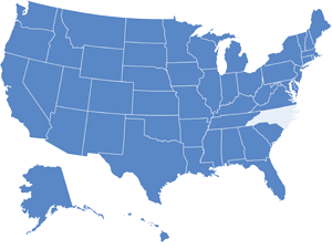 Map of USA with North Carolina highlighted in light blue