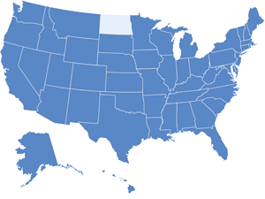 Map of USA with North Dakota highlighted in light blue