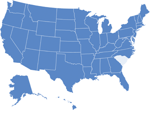 Map of USA with South Carolina highlighted in light blue