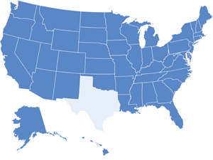 Map of USA with Texas highlighted in light blue