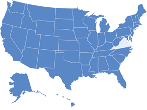 Map of USA with Virginia highlighted in light blue