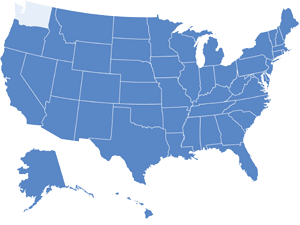 Map of USA with Washington highlighted in light blue