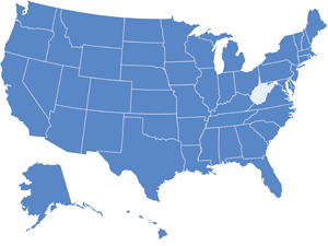 Map of USA with West Virginia highlighted in light blue