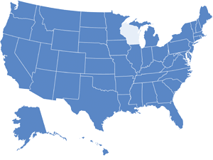 Map of USA with Wisconsin highlighted in light blue