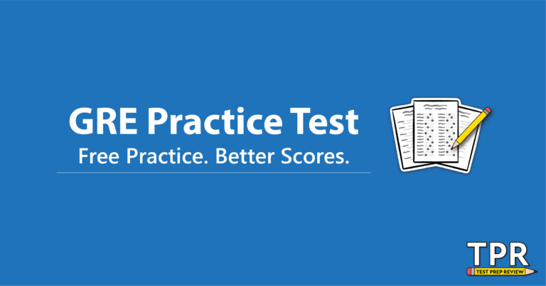 Image with a blue background displaying the text "GRE Practice Test: Free Practice. Better Scores." alongside an illustration of paper sheets and the logo "TPR TEST PREP REVIEW" at the bottom right.