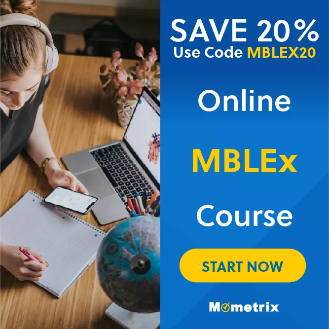 A woman studies at a desk with a laptop, notebook, and phone. Text advertises a 20% discount on an online MBLEx course with code MBLEX20 from Mometrix.