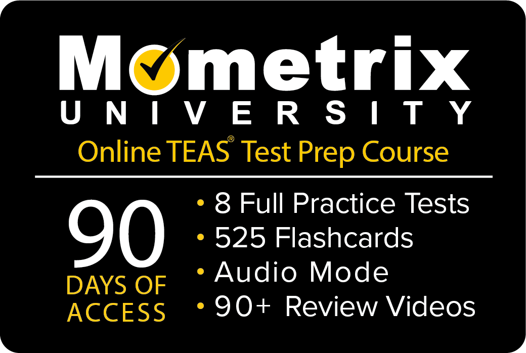 90 giorni di accesso al corso di preparazione al test TEAS online della Mometrix University. 8 test pratici completi, 525 flashcards, modalità audio e oltre 90 video di revisione.