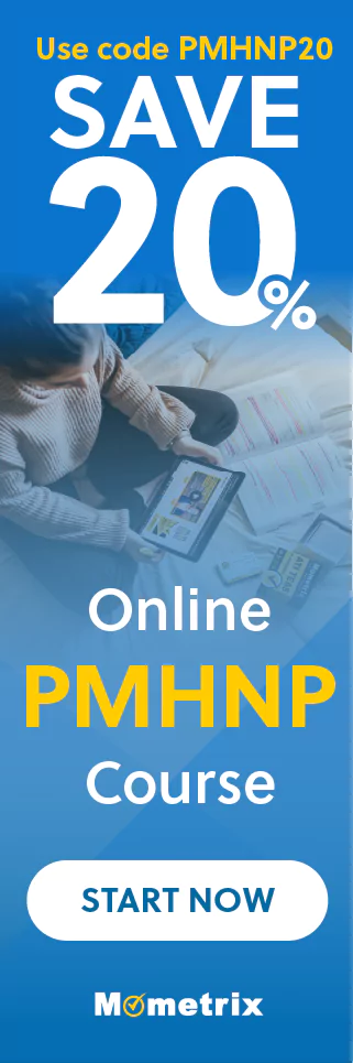 Advertisement for 20% off on the Mometrix University online PMHNP course. Use code PMHNP20